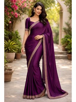 KAYOMMI - Women Purple Satin Embroidered Pre Draped Saree with Unstitched Blouse