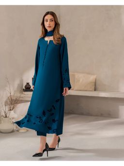 FAST FASHIONS - Women Blue Chanderi Embroidered Kurta with Trouser and Dupatta