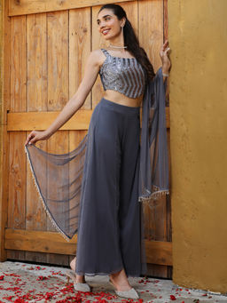 Qissa - Women Grey And Silver Sequin Asymmetric Crop Top With Palazzo And Dupatta