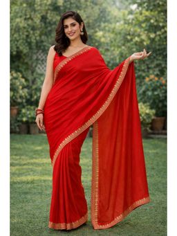 KAYOMMI - Women Red Satin Embroidered Pre Draped Saree with Unstitched Blouse