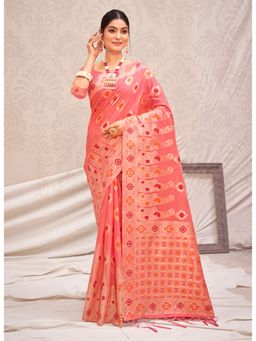 Sangam Prints - Pink Woven Work Traditional Tassels Saree with Unstitched Blouse