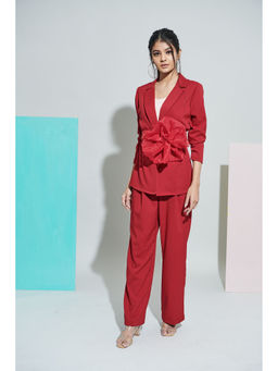 Weaving Cult - Red Power Suit With Gathered 3d Flower Belt (Set of 3)