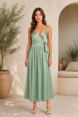 Cider - Satin V Neck Ruffle Midi Dress