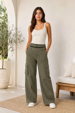 Cider - Mid Waist Solid Pocket Cargo Pants