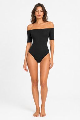 Cider - Rib Off-Shoulder Solid Bodysuit