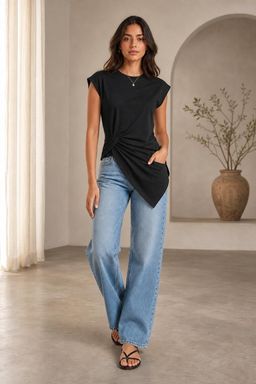 Cider - Asymmetrical Hem Short Sleeve Top