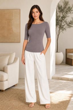 Cider - High Stretch Double Layered Boat Neck Solid Backless Short Sleeve Top