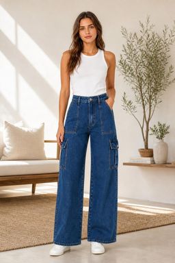 Cider - Navy Blue Alessia Solid Cargo Jeans