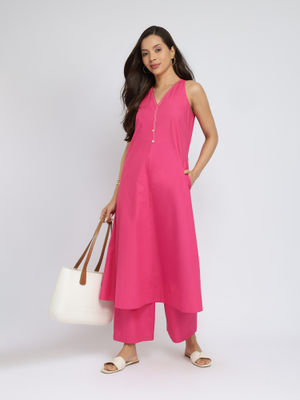 Women  Pink Solid A-Line Kurta Trousers Set