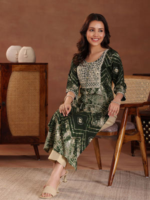 Green Abstract Ombre Printed Sequined Straight Kurta