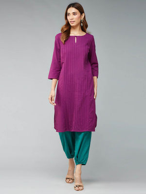 Dark Purple Pintuck Pure Silk Plain Long Kurta
