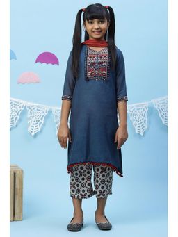 Biba - Girls Blue Art Silk Girls Straight Suit Palazzo (Set of 3)