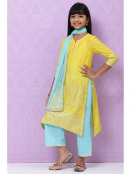 Biba - Girls Yellow Cotton Girls Straight Suit Palazzo (Set of 3)