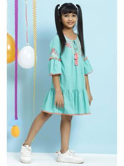 Biba - Girls Turquoise Flared Cotton Flax Dresses