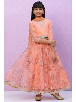 Biba - Girls Peach Straight Poly Cotton Girls Lehenga (Set of 3)