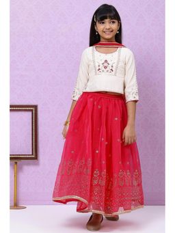 Biba - Girls Off White And Berry Straight Poly Cotton Girls Lehenga (Set of 3)