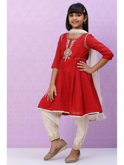 Biba - Girls Red Poly Modal Girls Flared Suit Anarkali (Set of 3)