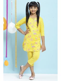 Biba - Girls Yellow Straight Art Silk Tunics Kurta (Set of 2)