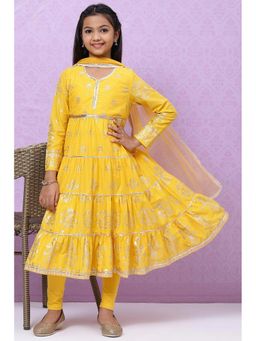 Biba - Girls Yellow Cotton Girls Straight Suit Anarkali (Set of 3)