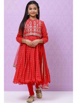 Biba - Girls Red Cotton Girls Anarkali Suit (Set of 4)