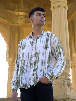 JAVINISHKA - Green Striped Tie Dye Pashmina Rayon Regular Fit Unisex Shirt