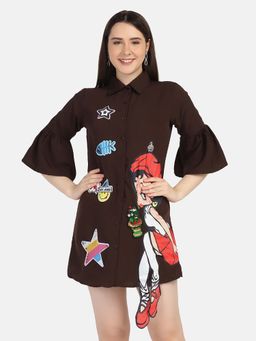 Buynewtrend - Brown Crepe Printed Women Shirt Style Dress