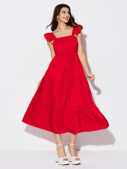 Buynewtrend Red Ruffled Smocked Women Maxi Dress