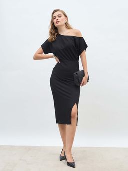 Styli - Women's Black Solid One Shoulder Bodycon Knee Length Dress
