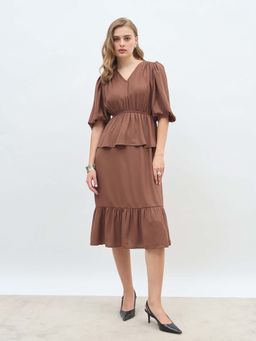 Styli - Women's Brown Plain A-Line Midi Length Dress