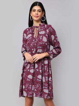 AMAGYAA - Floral Printed Purple Tie-Up Neck Fit and Flare Dress