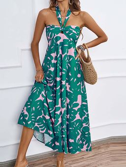 Outzidr - Green Twisted Knot Halter Vacay Dress