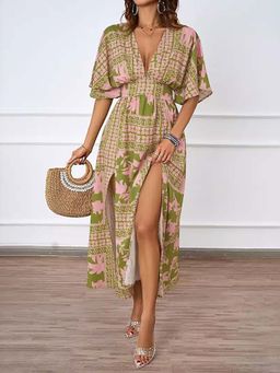 Outzidr - Multi-Colour Side Slit Dress