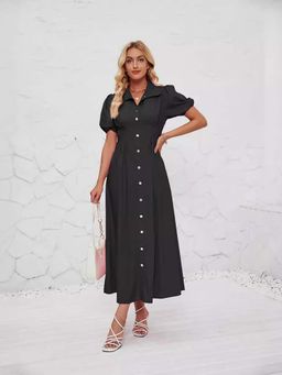 Outzidr - Black Button Down Sinched Waist Vacay Dress