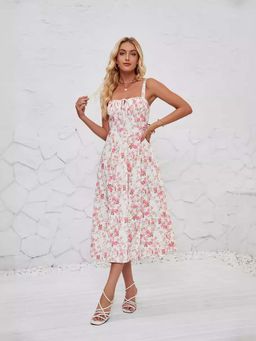 Outzidr - Red Corset Tie Up Printed Vacay Dress