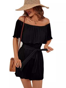 Outzidr - Black Off-Shoulder Pleated Vacay Dress