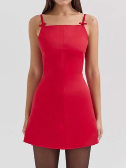 Outzidr - Red Solid Mini Bow Detailing Strappy Party Dress