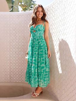 Outzidr - Green Strappy Tie Up Cut Out Maxi Dress