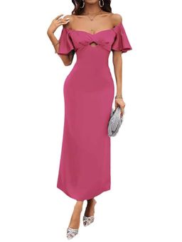 Outzidr - Pink Sweetheart Neckline Ruffled Sleeves Vacay Dress