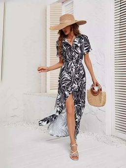 Outzidr - Black Printed Button Down Shirt Dress with Belt (Set of 2)