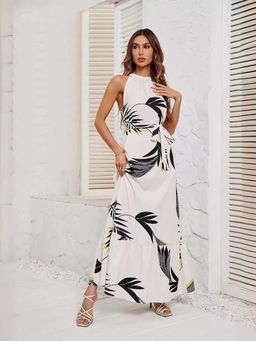 Outzidr - Off White Printed Halter Neck Maxi Dress with Belt (Set of 2)