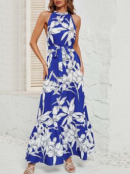 Outzidr - Blue Printed Halter Neck Maxi Dress with Belt (Set of 2)