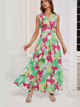 Outzidr - Multi-Color Printed Belt Tie Up Vacay Dress