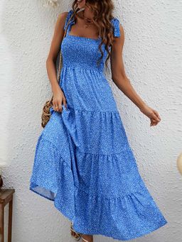 Outzidr - Blue Printed Tie Up Maxi Vacay Dress