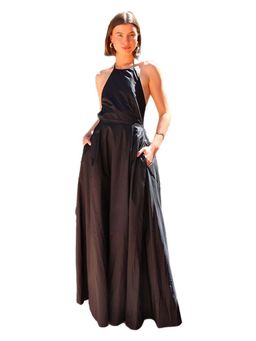 Outzidr - Black Solid Back Tie Up Dress