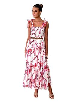 Outzidr - Red Bold Printed Tiered Tie Up Vacay Dress