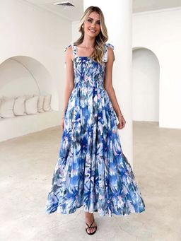 Outzidr - Blue Bold Printed Tiered Tie Up Vacay Dress