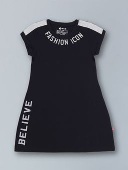 3PIN - Girls Black Typography Printed T-Shirt Dress