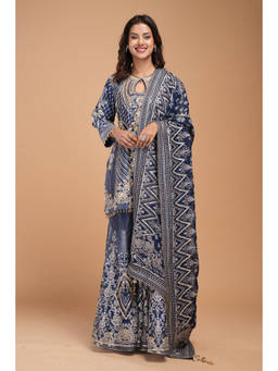 Nirraamyaa - Navy Blue Printed Kurta with Sharara and Dupatta