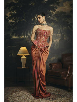 Saanjh by Lea - Ragini Rust Orange Corset Top with Skirt