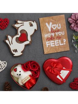 eCraftIndia - Valentine Combo Of Card, Heart Shaped Gift Box Set, Hands Showcasing Red Heart Gift Set
